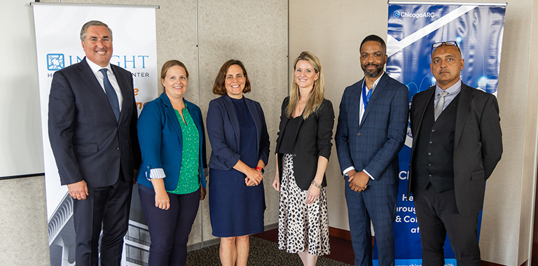 Pictured, left to right: HHS Regional Director Michael Cabonargi, ARPA-H Mission Office Director Dr. Amy Jenkins, ARPA-H Director Dr. Renee Wegrzyn, Chicago ARC Executive Director Kate Merton, INSIGHT Chicago Chief Medical Officer Dr. Dillon Bannis, and INSIGHT Founder Dr. Jawad Shah.