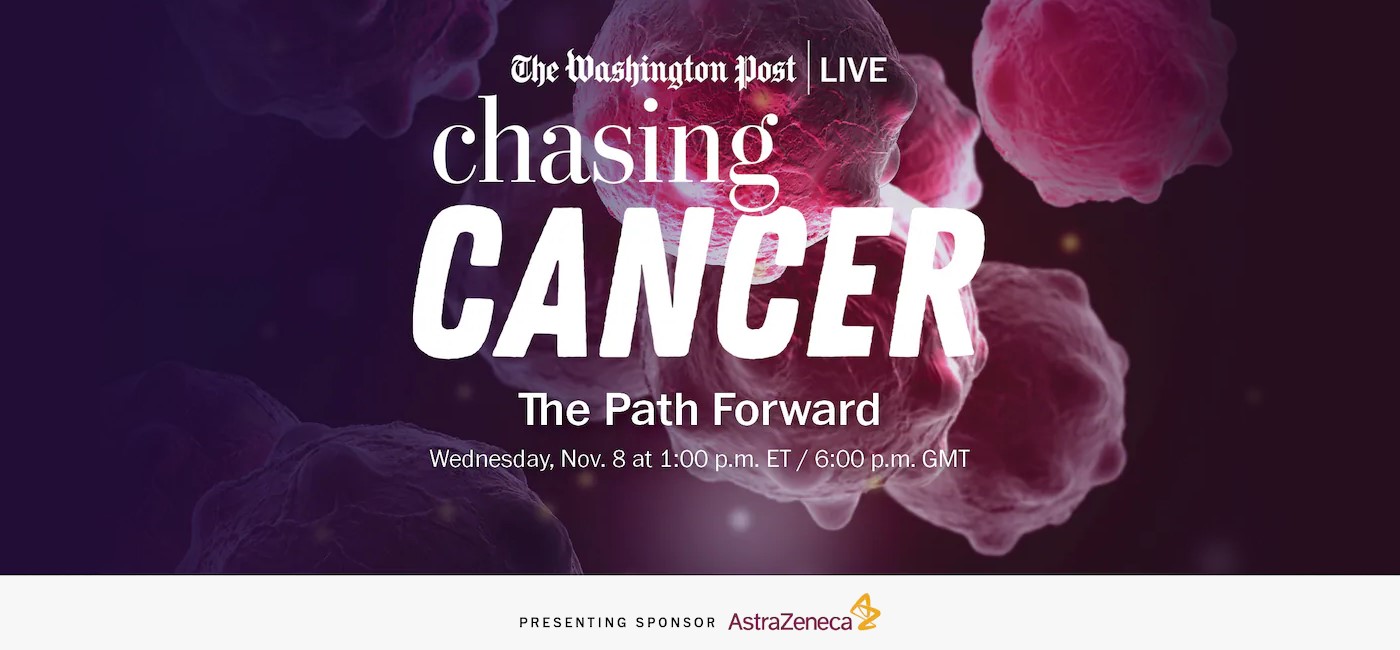 Washington Post Live logo over a field of pale red cancer cells.