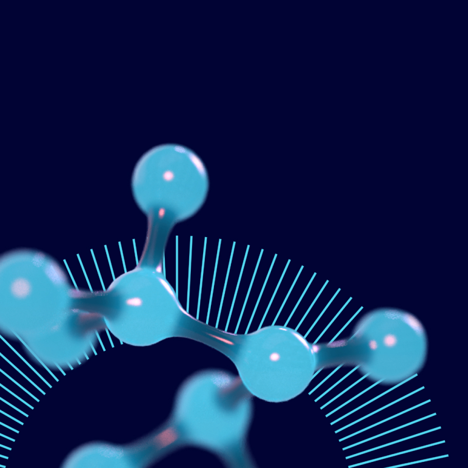Blue molecular structure floating in front of blue half-circle. 