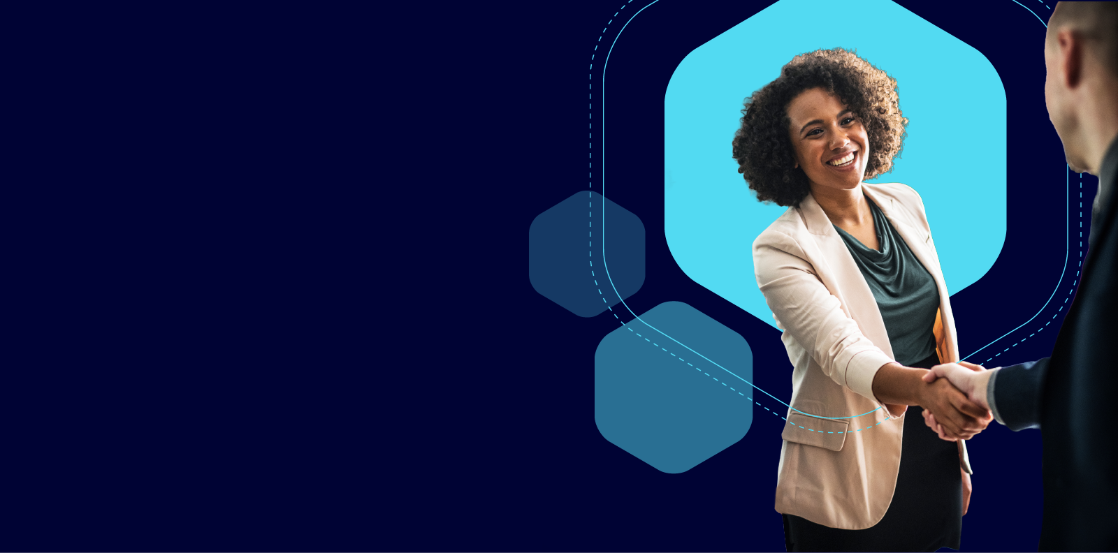 A woman shakes hands with a man out of frame. Blue hexagons float behind her.