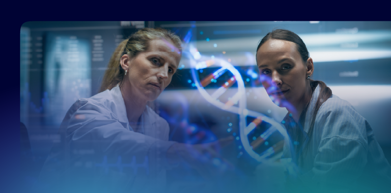 Two scientists peer at a strand of helical DNA.