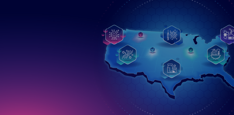 Map of the US with colored hexagons denoting regional small biotechs
