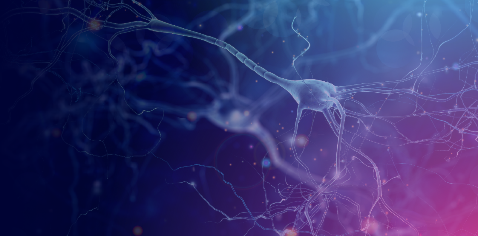 Close up illustration of a neuro against a navy, blue, and pink background.